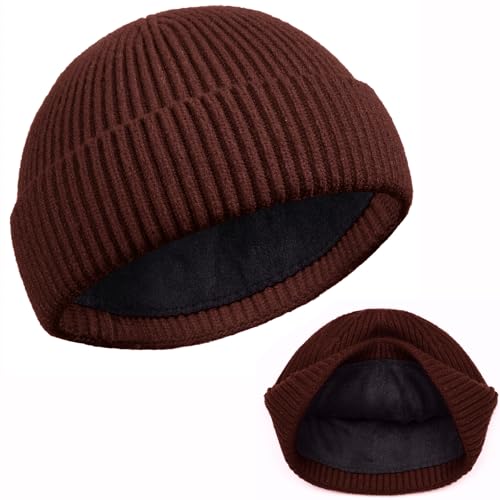 ROYBENS Swag Wool Knit Cuff Short Fisherman Beanie for Men Women Winter Hat - color: 1pcs-dark Coffee-thick Double Layer