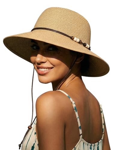 Womens Straw Beach Sun Hat, UV Protection UPF 50+, Lightweight Straw Bucket Hat, Summer Travel - color: Khaki, size: Medium