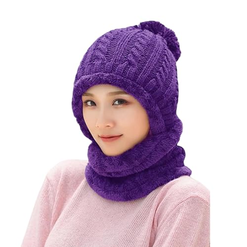 HUAMULAN Women Winter Knit Beanie Hats One Piece Fleece Lined Balaclavas - color: Purple