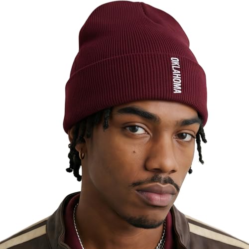 Daxton Vertical USA Cities Cuffed Beanie, Winter Knit Hat Skully Cap for Men Women, City Pride Daily Headwear - color: Oklahoma Burgundy White
