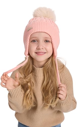 ZLYC Kids Girls Boy Winter Hat Cotton Lined Pom Pom Beanie Earflap Knit Cap - color: Solid Pink