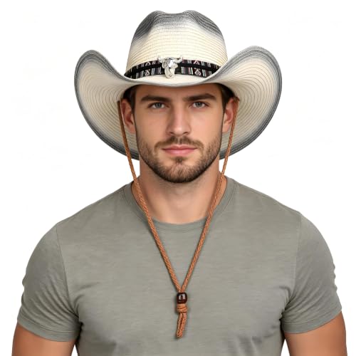 Straw Cowboy Sun Hat for Men Women Summer Fedora Beach Panama Western Cap - color: Black