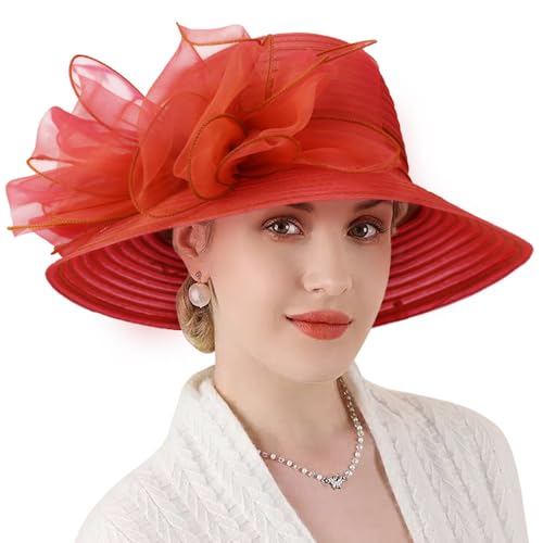 DRESHOW Lady Derby Dress Church Bowler Cloche Hat Bowknot Organza Bridal Cap for Wedding - color: 1 Pc: Red