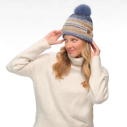 C.C Multi Color Space Dye Wool Stretchable Soft Warm Pom Beanie with Faux Fur Pom Knit Winter Skully Hat. - color: Denim Combo