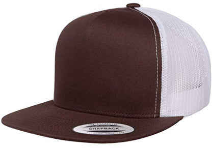 Yupoong 5-Panel YP Classic Trucker Cap | High Profile Flat Visor Snapback - color: Brown/White