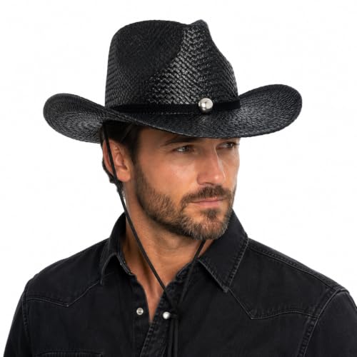 Straw Cowboy Hat for Men Women, Woven Western Summer Hat Natural - color: Black