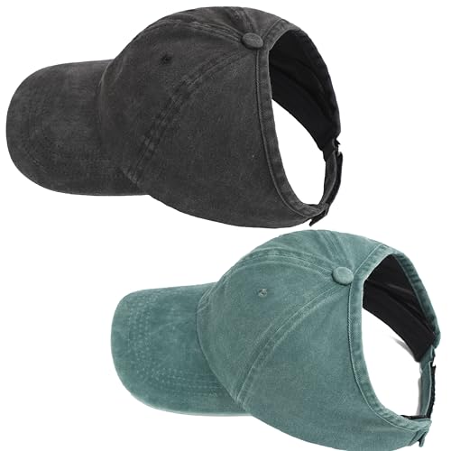 2 Pack Backless Cap for Women Natural Curly Hair Hat Baseball Cap Afro Puff Ponytail Hat - color: Black＆gr