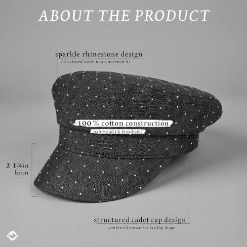 Funky Junque Greek Fisherman Newsboy Cap, Cotton Captains Bakerboy Hat - color: Rhinestone - Black