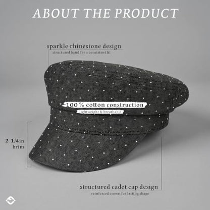 Funky Junque Greek Fisherman Newsboy Cap, Cotton Captains Bakerboy Hat - color: Rhinestone - Black
