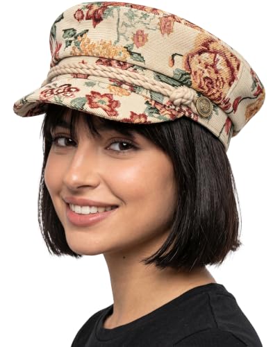 Funky Junque Greek Fisherman Newsboy Cap, Cotton Captains Bakerboy Hat - color: Vintage Floral - Beige