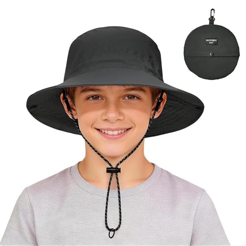 Zando Packable Kids Sun Hat UPF 50+ Girls Boys Beach Bucket Hat Summer - color: Dark Grey, size: 8-12 Years