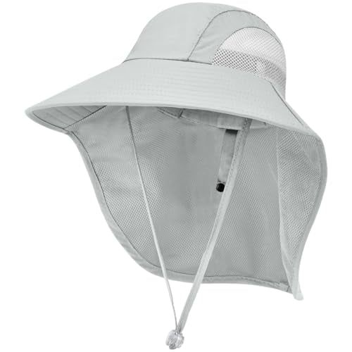 Kids Sun Hat UPF50+ Summer Beach Play Sun Protection Hats with Neck Flap for Ages 5~14 Girls Boys - color: Light Grey