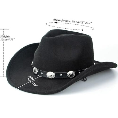 Western Cowboy Hat for Men Women Classic Fedora Cowgirl Hats Buckle Belt - color: Black-yb
