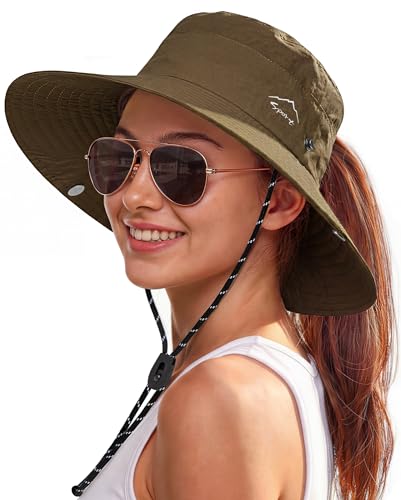 Zando UPF 50+ Wide Brim Sun Hat for Women, Hiking Hat with Ponytail Hole - color: Coffee