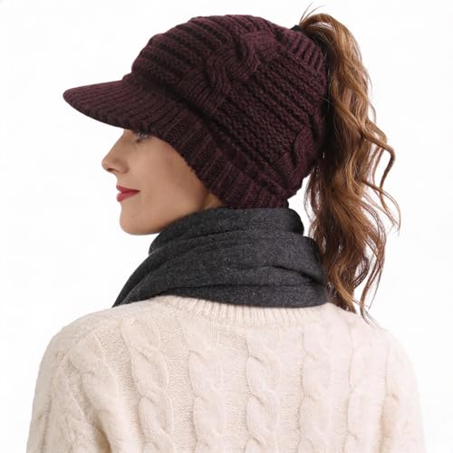 Women's BeanieTail Warm Knit Hat Messy High Bun Ponytail Visor Beanie Cap - color: B340-purple, size: Medium