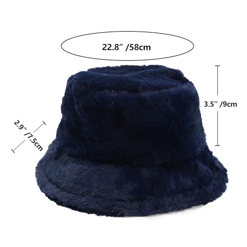 Umeepar Winter Faux Fur Fuzzy Bucket Hat Fluffy Warm Hat for Women Men - color: Plain Dark Blue