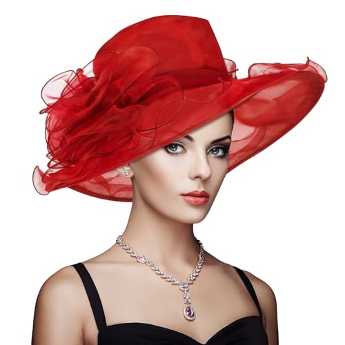 Derby Hats for Women 2025 Equestrian Derby Tea Party Fascinators Wide Brim - color: Bright Red