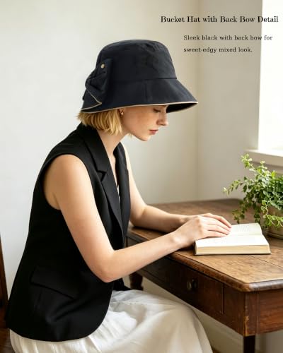 Women's Foldable Wide Brim Bowknot Bucket Hat Sun Protective - color: Black