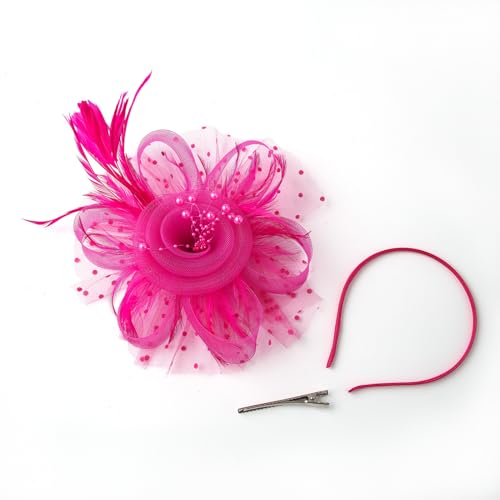 JUNBESTN Fascinators Hat Tea Party Headwear for Women Flower Mesh Feathers Headband - color: Hotpink