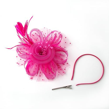 JUNBESTN Fascinators Hat Tea Party Headwear for Women Flower Mesh Feathers Headband - color: Hotpink