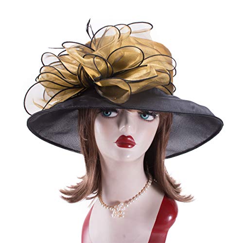 Womens Dressy Wide Brim Church Wedding Wedding Occasion Floral Hats A045 - color: Gold