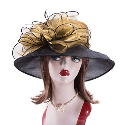 Womens Dressy Wide Brim Church Wedding Wedding Occasion Floral Hats A045 - color: Gold
