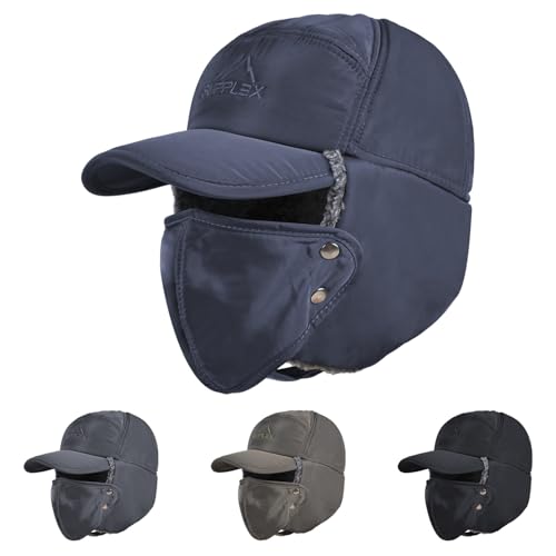 Russian Ushanka Trapper Hat, Elmer Fudd Hat with Ear Flap & Removable Mask for Men and Women, Thick Winter Warm Hat - color: Blue