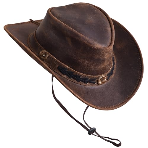 Sidewinder Shapeable Outback hat Western Style Leather Cowboy hat for Men and Women Wide Brim Vintage Old Style - size: Medium