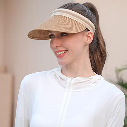 Women Summer Sun Hat Lady's Portable Beach Visor Bowknot Straw Hat - color: Khaki4