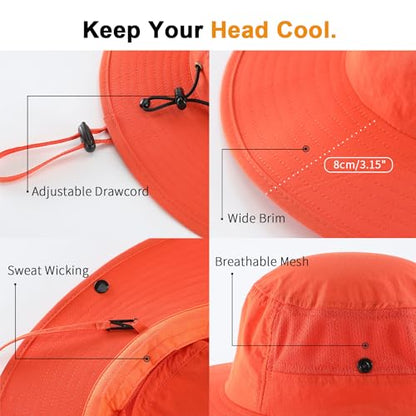 Home Prefer UPF50+ Mens Sun Hat Wide Brim Womens UV Protection Beach Bucket Hat for Fishing Hiking Snap Up Cowboy Hat - color: Orange