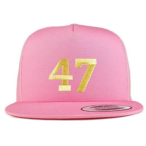 Trendy Apparel Shop Number 47 Gold Thread Embroidered Flat Bill 5 Panel Trucker Cap - color: Pink