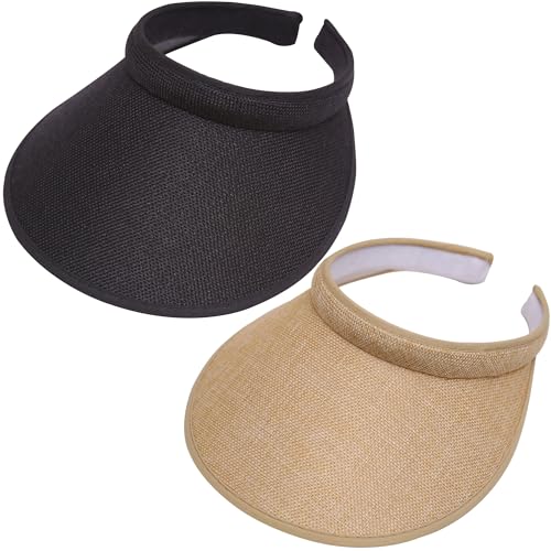 2 Pack Wide Brim Sun Visor Hats Women Men Large Clip-on Visors Hat UV Protection Outdoors Sports Golf Beach Cap - color: Black-khaki
