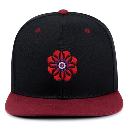 Flower Ornament Hip-Hop Snapback Hat Embroidered Baseball Cap Floral Embellishment - color: 19. Black/Maroon