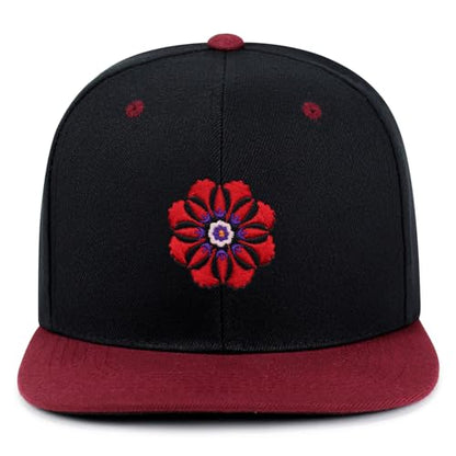 Flower Ornament Hip-Hop Snapback Hat Embroidered Baseball Cap Floral Embellishment - color: 19. Black/Maroon