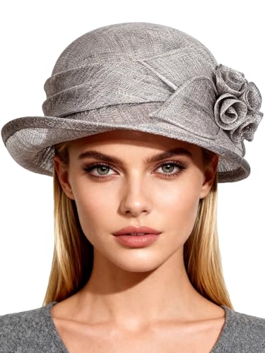 HIMESPORT Retro Sinamay Veil Flower Bride Wedding Fascinator Hat Feather Bowler Hat Hair Accessory Banquet Cocktail Party - color: Gray