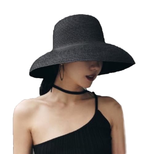 Women's Floppy Wide Brim Summer Beach Straw Hat UPF 50+ Sun Hat - color: Black