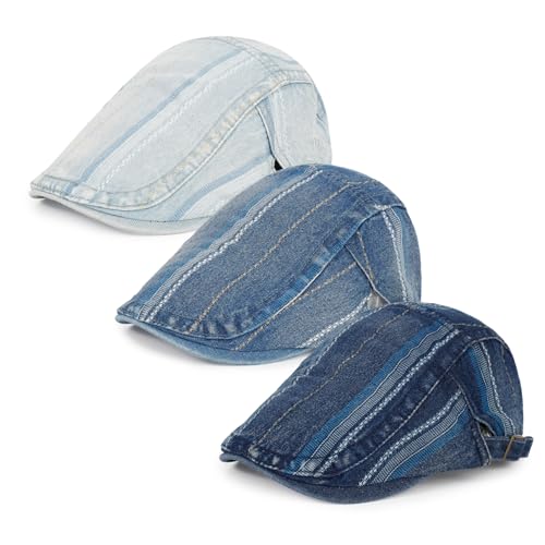3Pcs Men's Newsboy Caps Cotton Cooling Hat Adjustable Flat Cap for Men - color: Denim H-darkblue+mediumblue+lightblue