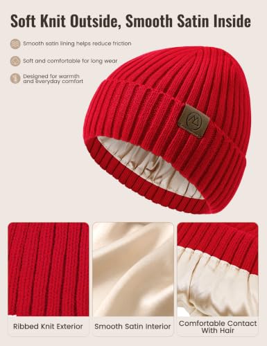 Durio Unisex Silk Lined Beanie Double Layered Winter Hats - color: Red