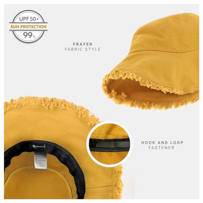 CHOK.LIDS Frayed Bucket Hat Washed Cotton Floppy Wide Brim Boonie Cap - color: Mustard
