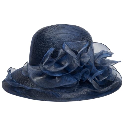 Women Kentucky Organza Derby Hat - Wide Brim Summer Sun Hat for Bridal Wedding Church Tea Party - color: Blue