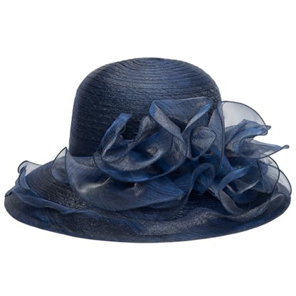 Women Kentucky Organza Derby Hat - Wide Brim Summer Sun Hat for Bridal Wedding Church Tea Party - color: Blue