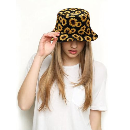 Bucket Hat for Women Men, Cotton Reversible Double Side Wear Sun Hats Beach Fisherman Hat - color: Sunflower Yellow