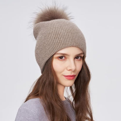 Women's Knitted Angora Wool Hat for Autumn and Winter Warm and Stylish with Rolled Brim and Slanted Rhinestones Cap - color: A-camel