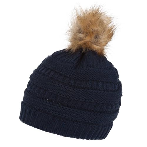 Gravity Threads Cable Knit Faux Fur Pom Pom Beanie Hat - color: Navy