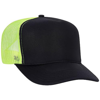 Ashen Fane Polyester Foam Front 5 Panel High Crown Mesh Back Trucker Hat - color: Blk/Blk/N.ylw Ver.2