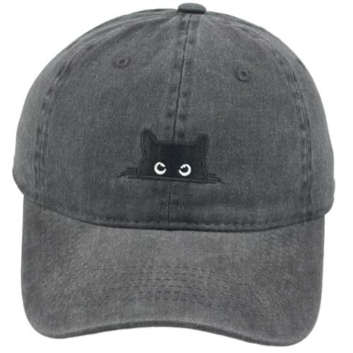 Peeking Black Cat Embroidered Washed Baseball Cap, Adjustable Vintage Dad Hat for Cat Lovers Unisex - color: Black