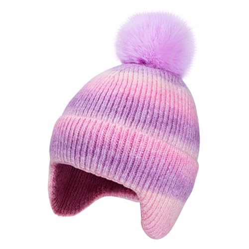 Kids Winter Hat with Ear Flaps, Toddler Boys Girls Fleece Lined Knit Beanie Colorful Pattern Pom Pom Ski Cap for 2-10Y - color: Rainbow Colors-02(knit Lined), size: 5-10 Years