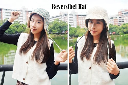 Reversible Winter Hat with Ear Flaps for Men Women Adult,Ladies Plaid Hat,Lamb Wool Lining Beanie Not for Kids - color: Plaid Green