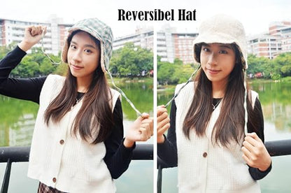 Reversible Winter Hat with Ear Flaps for Men Women Adult,Ladies Plaid Hat,Lamb Wool Lining Beanie Not for Kids - color: Plaid Green