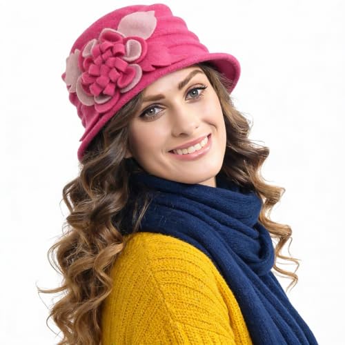 Vintage Women Floral Wool Dress Cloche Winter Hat 1920s - color: C020-rose